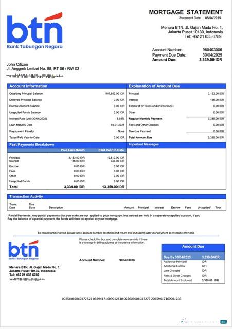 Download Indonesia Bank Tabungan Negara (BTN) mortgage statement Word and PDF template Photoshop template